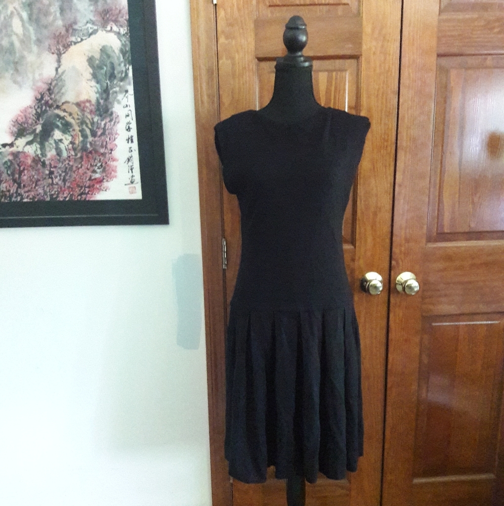 60s Vintage Little Black Dress Pleated Cotton/Wool Blend Mod Date Night Small